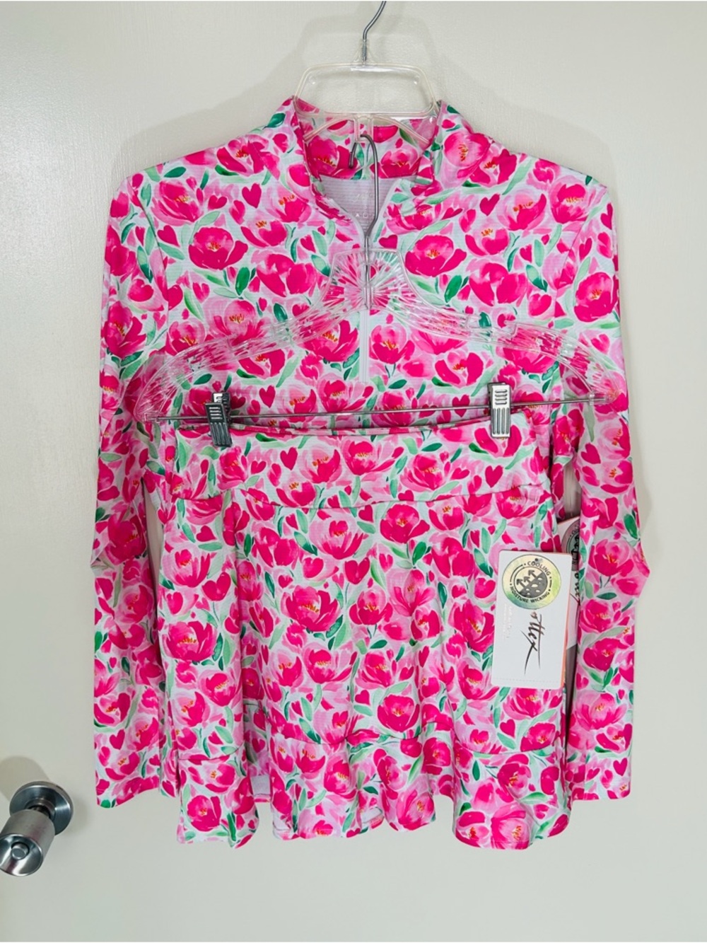 Set of Gottex Pink & White Floral Tulip 1/4 Zip Long Sleeve Top & Matching Skort